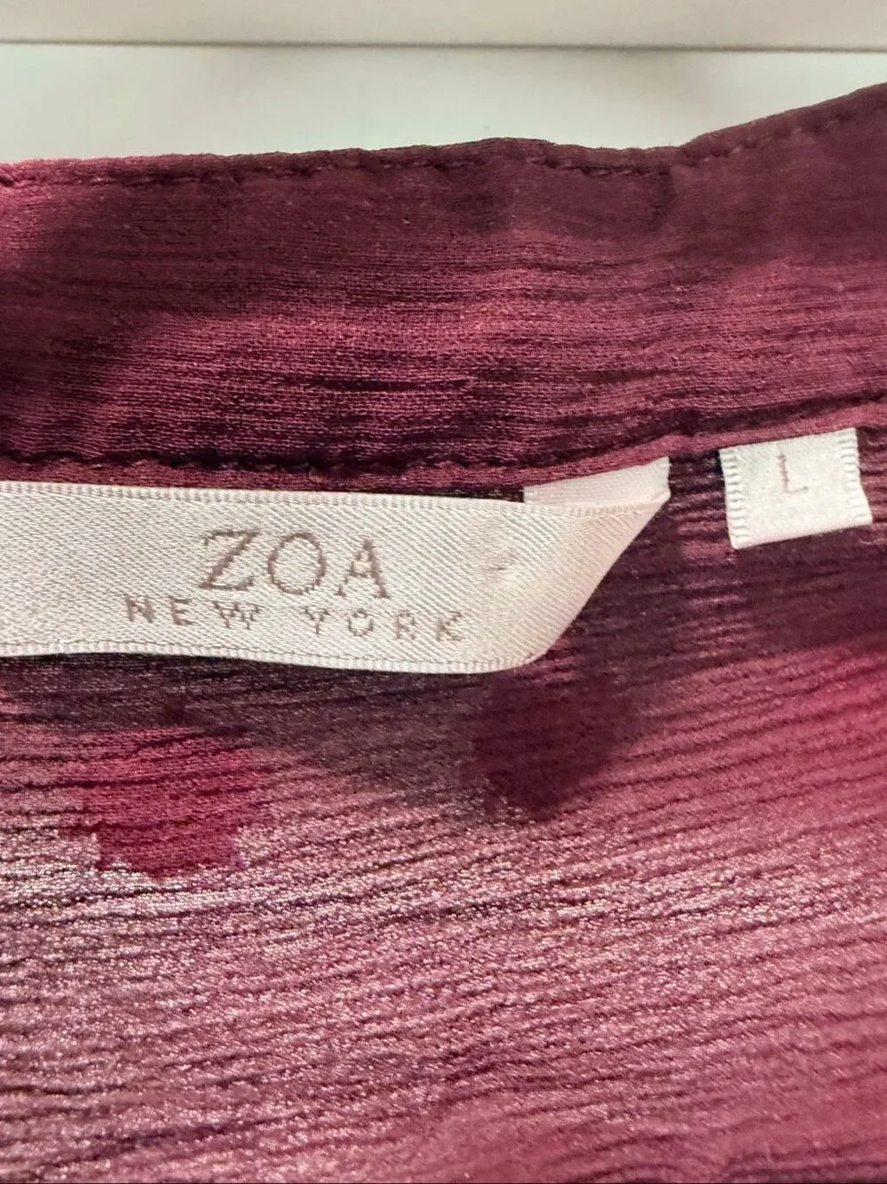 Zoa New York Silk Sheer Embroidered Blouse Burgundy Red Dot Boho Sz L